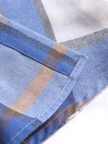 Manfinity EZcore Men's Loose Fit Plaid Hooded Shirt With Dual Pockets And Adjustable Drawstring, Without T-Shirt - Blue and White - View 4