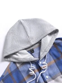 Manfinity EZcore Men's Loose Fit Plaid Hooded Shirt With Dual Pockets And Adjustable Drawstring, Without T-Shirt - Blue and White - View 5
