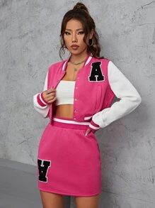 SHEIN Unity Letter Patched Striped Trim Bomber Jacket & Skirt - Pink - View 5