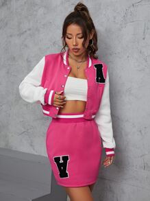 SHEIN Unity Letter Patched Striped Trim Bomber Jacket & Skirt - Pink - View 4