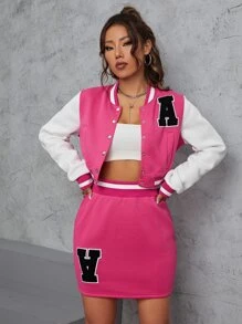 SHEIN Unity Letter Patched Striped Trim Bomber Jacket & Skirt - Pink - View 6