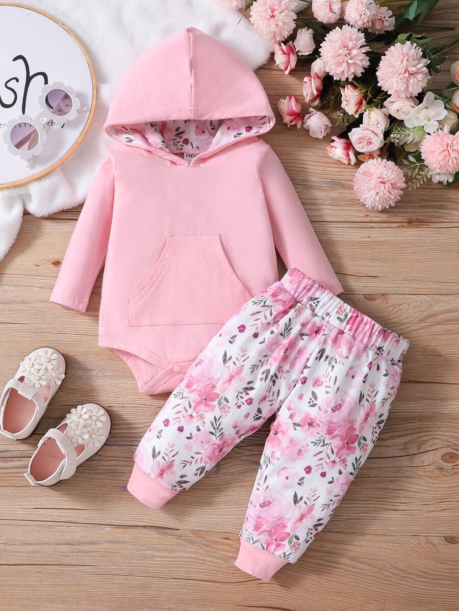 Baby Girl Floral Print Kangaroo Pocket Hooded Bodysuit With Pants - Multicolor - View 1