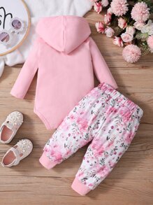 Baby Girl Floral Print Kangaroo Pocket Hooded Bodysuit With Pants - Multicolor - View 2