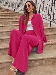 SHEIN Frenchy Camisa de hombros caídos unicolor & Pantalones de pierna ancha - Rosa Fucsia - Ver 1