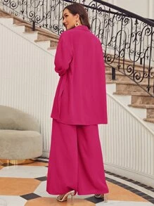 SHEIN Frenchy Camisa de hombros caídos unicolor & Pantalones de pierna ancha - Rosa Fucsia - Ver 2
