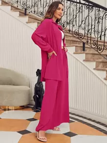 SHEIN Frenchy Camisa de hombros caídos unicolor & Pantalones de pierna ancha - Rosa Fucsia - Ver 3