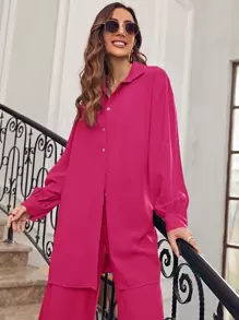 SHEIN Frenchy Camisa de hombros caídos unicolor & Pantalones de pierna ancha - Rosa Fucsia - Ver 4