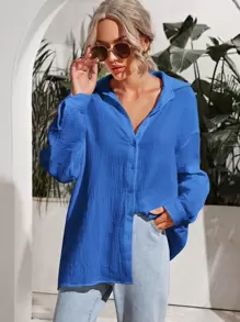 SHEIN Frenchy Drop Shoulder Solid Longline Shirt Winter Casual Blue - Blue - View 1