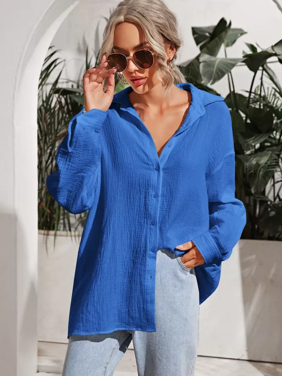 SHEIN Frenchy Drop Shoulder Solid Longline Shirt Winter Casual Blue - Blue - View 1