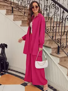 SHEIN Frenchy Camisa de hombros caídos unicolor & Pantalones de pierna ancha - Rosa Fucsia - Ver 6