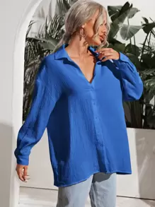SHEIN Frenchy Drop Shoulder Solid Longline Shirt Winter Casual Blue - Blue - View 3