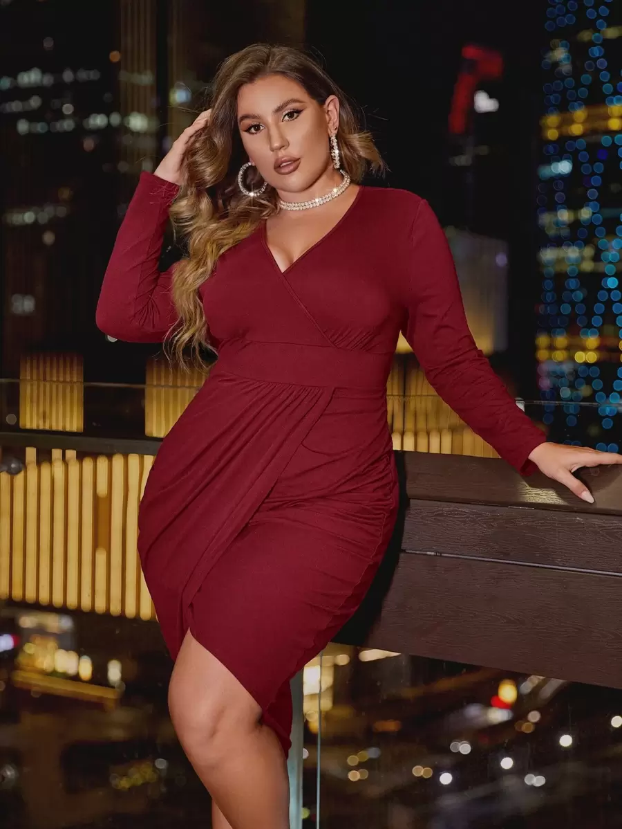 SHEIN SXY Plus Surplice Neck Tulip Hem Bodycon Dress - Burgundy - View 1