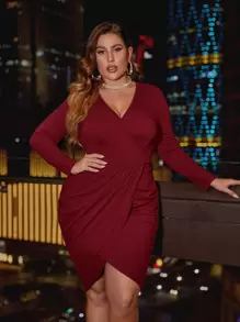 SHEIN SXY Plus Surplice Neck Tulip Hem Bodycon Dress - Burgundy - View 4