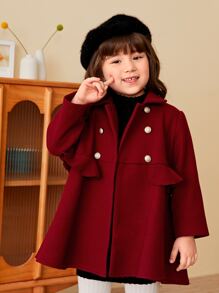 SHEIN Toddler Girls Double Breasted Ruffle Trim Overcoat - Burgundy - View 4