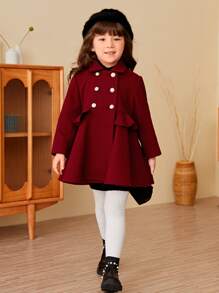 SHEIN Toddler Girls Double Breasted Ruffle Trim Overcoat - Burgundy - View 5