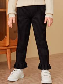 SHEIN Pantalón De Punto De Dobladillo Con Volantes Para Niña Joven - Negro - Ver 1