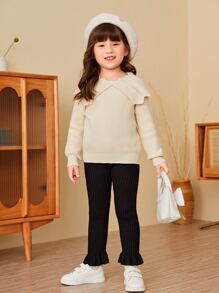 SHEIN Pantalón De Punto De Dobladillo Con Volantes Para Niña Joven - Negro - Ver 3