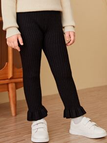 SHEIN Pantalón De Punto De Dobladillo Con Volantes Para Niña Joven - Negro - Ver 4