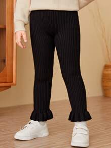 SHEIN Pantalón De Punto De Dobladillo Con Volantes Para Niña Joven - Negro - Ver 5