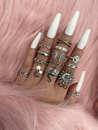 14入組月亮和太陽裝飾戒指