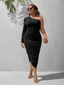 SHEIN SXY Plus One Shoulder Ruched Asymmetrical Hem Dress - Black - View 4
