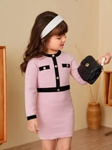 SHEIN Toddler Girls Contrast Trim Button Front Jumper Dress - Baby Pink - View 5