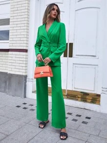 SHEIN Privé Double Breasted Belted Blazer & Trousers - Green - View 3