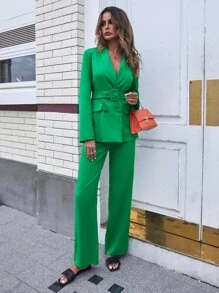 SHEIN Privé Double Breasted Belted Blazer & Trousers - Green - View 6