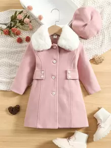 SHEIN Young Girl Borg Collar Single Breasted Overcoat - Baby Pink - View 1