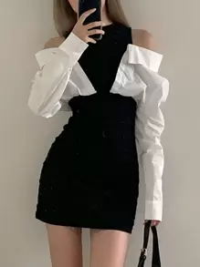 拼接面露肩緊身洋裝 - 黑與白 - 查看 1