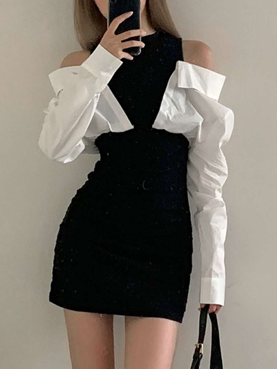 拼接面露肩緊身洋裝 - 黑與白 - 查看 1