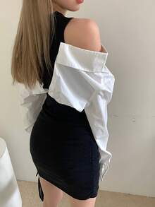 拼接面露肩緊身洋裝 - 黑與白 - 查看 2