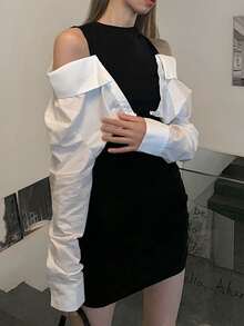 拼接面露肩緊身洋裝 - 黑與白 - 查看 3