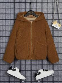 SHEIN Boys Zip Up Hooded Teddy Jacket - Brown - View 1