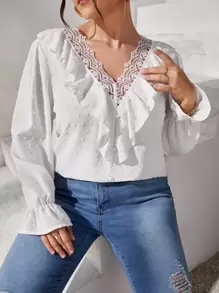 SHEIN Clasi Áo sơ mi Plus Size Xù Tương phản ren màu trơn Thanh lịch - trắng - Xem 1