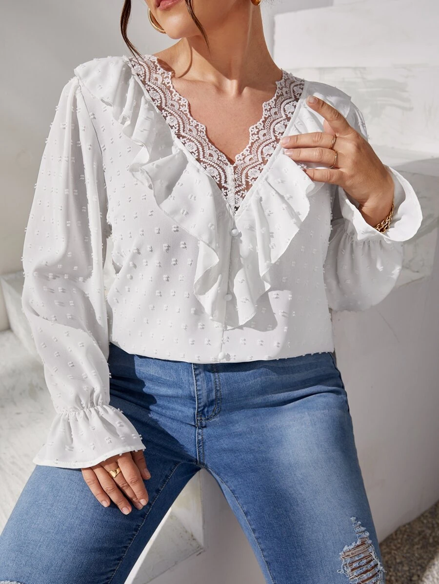 SHEIN Clasi Áo sơ mi Plus Size Xù Tương phản ren màu trơn Thanh lịch - trắng - Xem 1