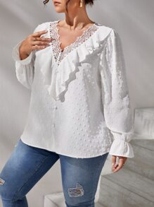 SHEIN Clasi Áo sơ mi Plus Size Xù Tương phản ren màu trơn Thanh lịch - trắng - Xem 3