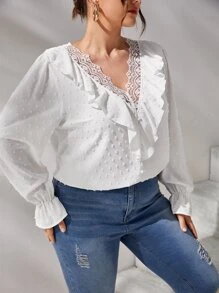 SHEIN Clasi Áo sơ mi Plus Size Xù Tương phản ren màu trơn Thanh lịch - trắng - Xem 4