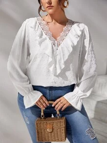 SHEIN Clasi Áo sơ mi Plus Size Xù Tương phản ren màu trơn Thanh lịch - trắng - Xem 5