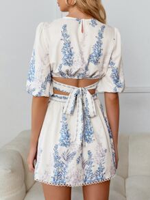 SHEIN PETITE Đầm Cắt ra Buộc lại Hoa Giải trí - trắng - Xem 2