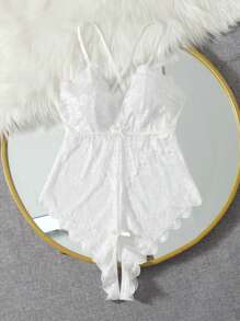 大碼前蝴蝶結貝殼邊蕾絲無襠性感緊身連體衣 - 白色 - 查看 5