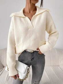 SHEIN Essnce Jersey con cuello con doble bolsillo de hombros caídos - Albaricoque - Ver 2