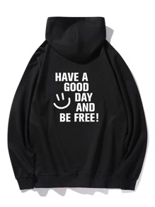 SHEIN EZwear Slogan And Cartoon Graphic Kangaroo Pocket Drawstring Thermal Hoodie - Black - View 1