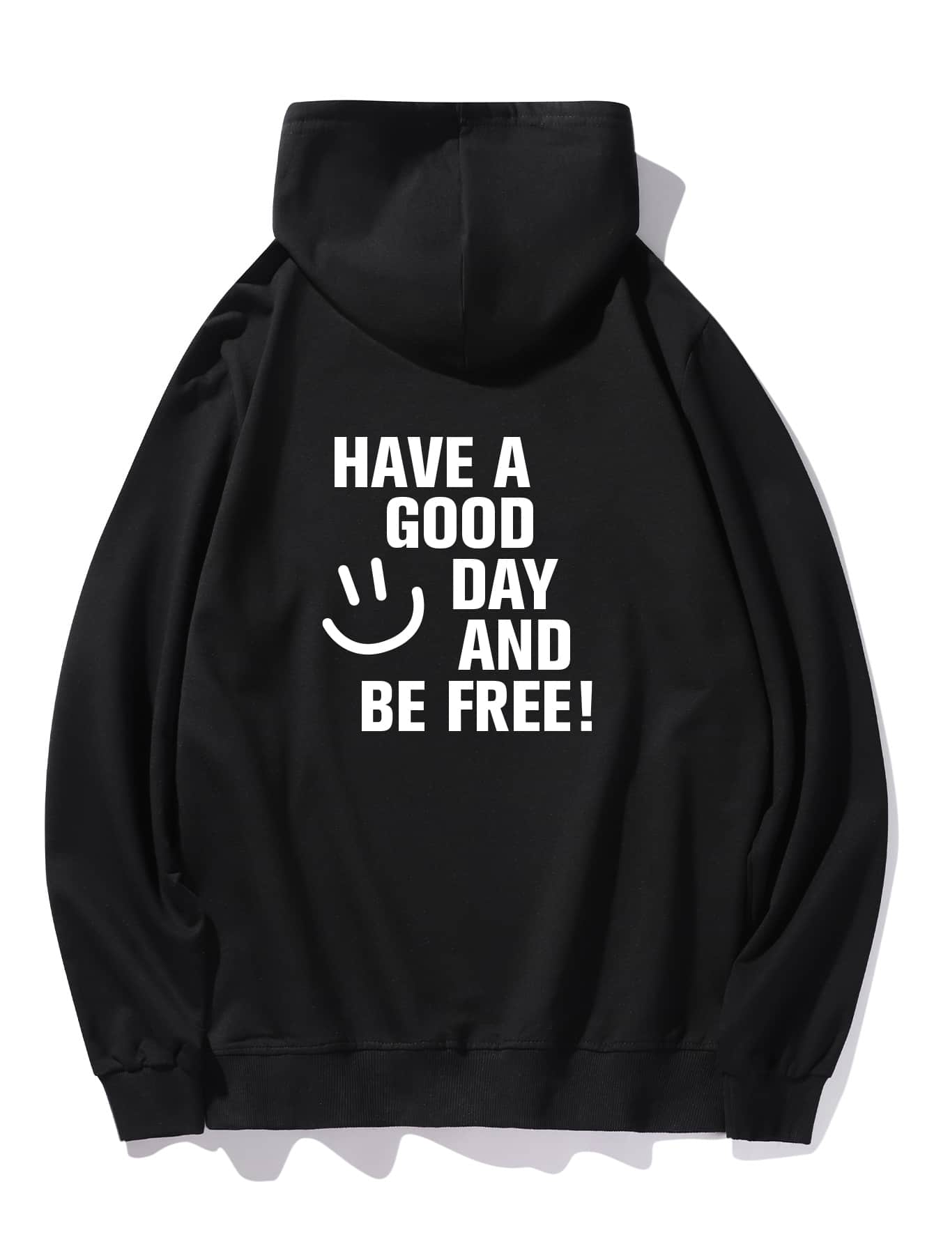 SHEIN EZwear Slogan And Cartoon Graphic Kangaroo Pocket Drawstring Thermal Hoodie - Black - View 1