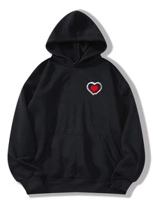 SHEIN EZwear Slogan And Cartoon Graphic Kangaroo Pocket Drawstring Thermal Hoodie - Black - View 2