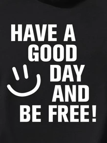 SHEIN EZwear Slogan And Cartoon Graphic Kangaroo Pocket Drawstring Thermal Hoodie - Black - View 8