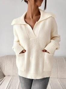 SHEIN Essnce Jersey con cuello con doble bolsillo de hombros caídos - Albaricoque - Ver 1