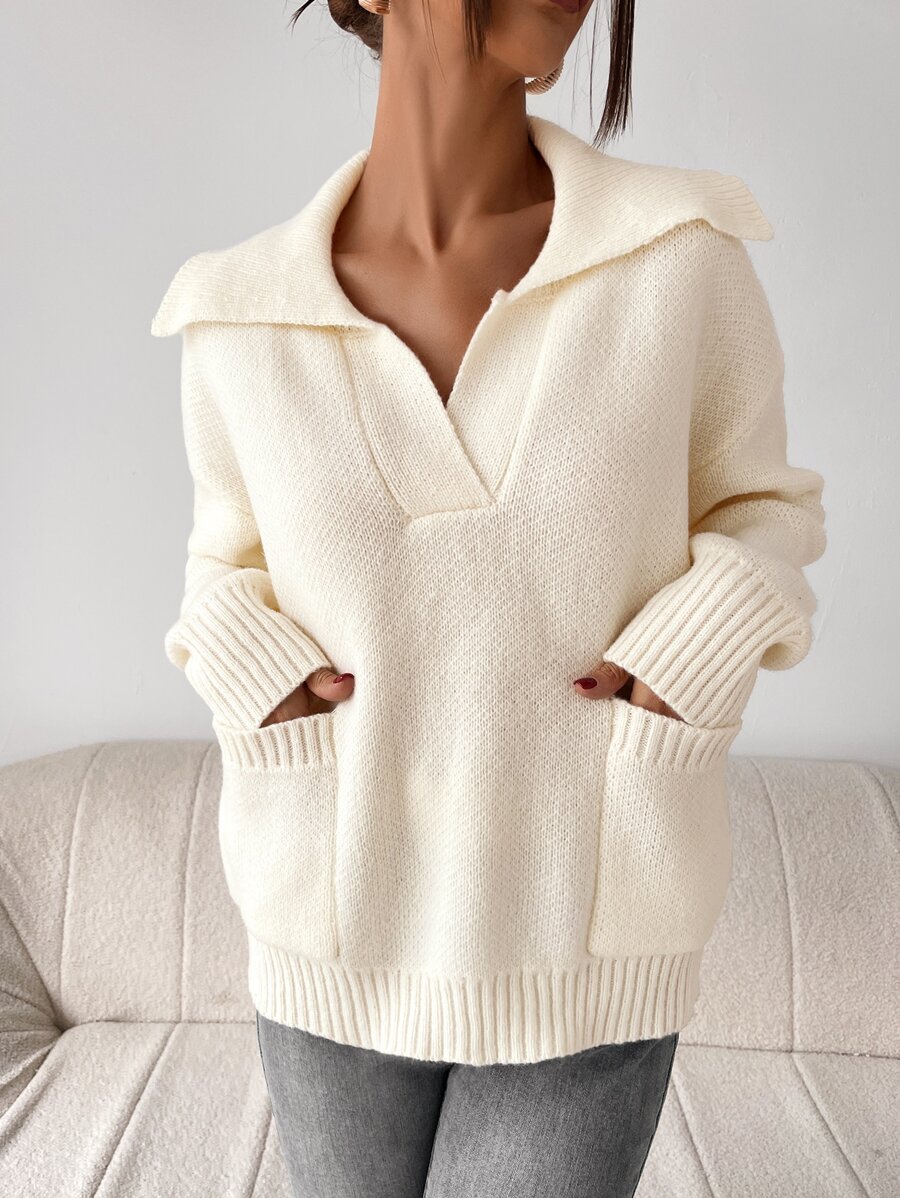 SHEIN Essnce Jersey con cuello con doble bolsillo de hombros caídos - Albaricoque - Ver 1