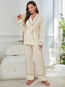 Piping Trim Belted PJ Set / Pajama Set - Beige - View 3