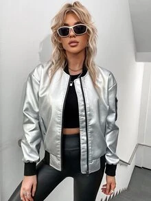 Apperloth A Casual Classic 90s Drop Shoulder Colourblock PU Leather Bomber Jacket - Silver - View 6
